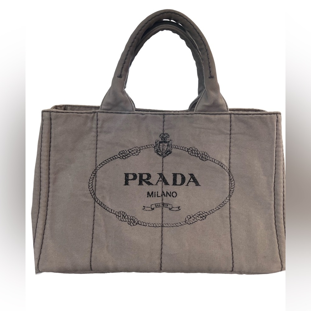 Prada Gray 2 Way Canapa Tote with Crossbody Strap.
